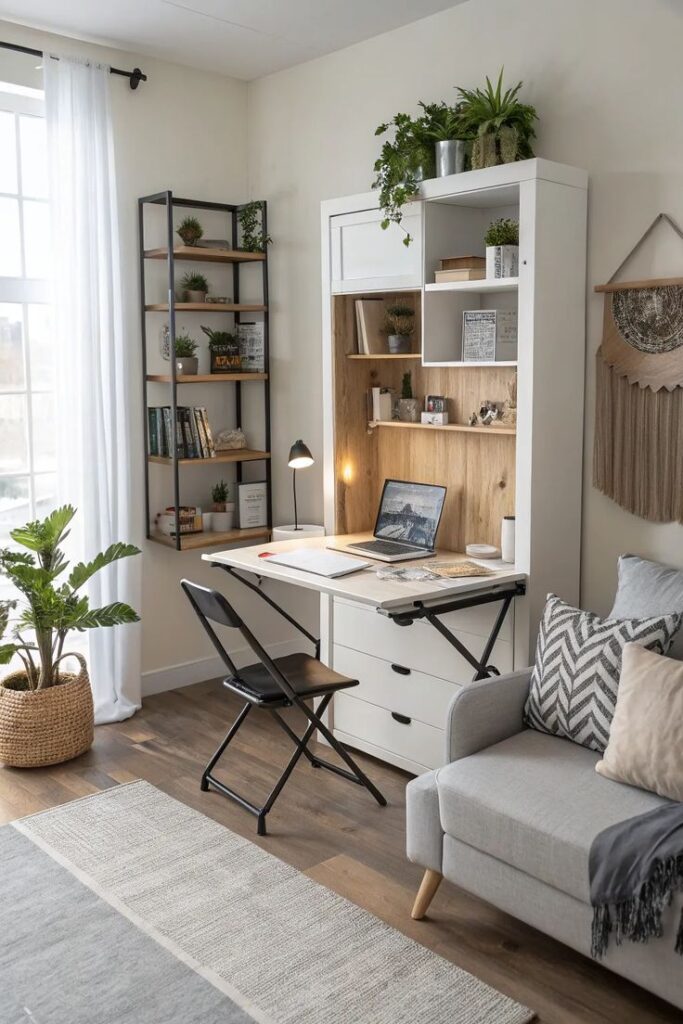 Modern home office setup with desk, plants, and cozy decor in a bright living room space.