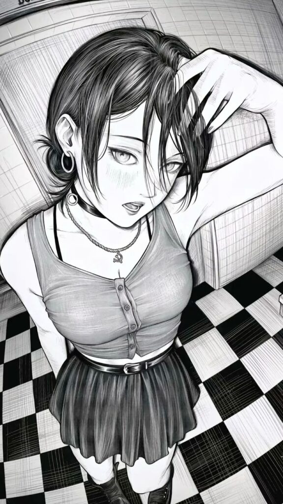 Black and white anime character with short hair, wearing a sleeveless top and skirt, standing on a checkered floor.