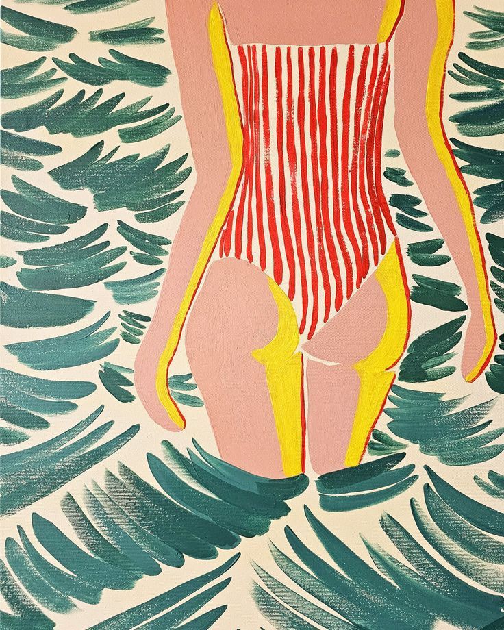 Abstract painting of a person in a red striped swimsuit standing in water with green brushstroke patterns.