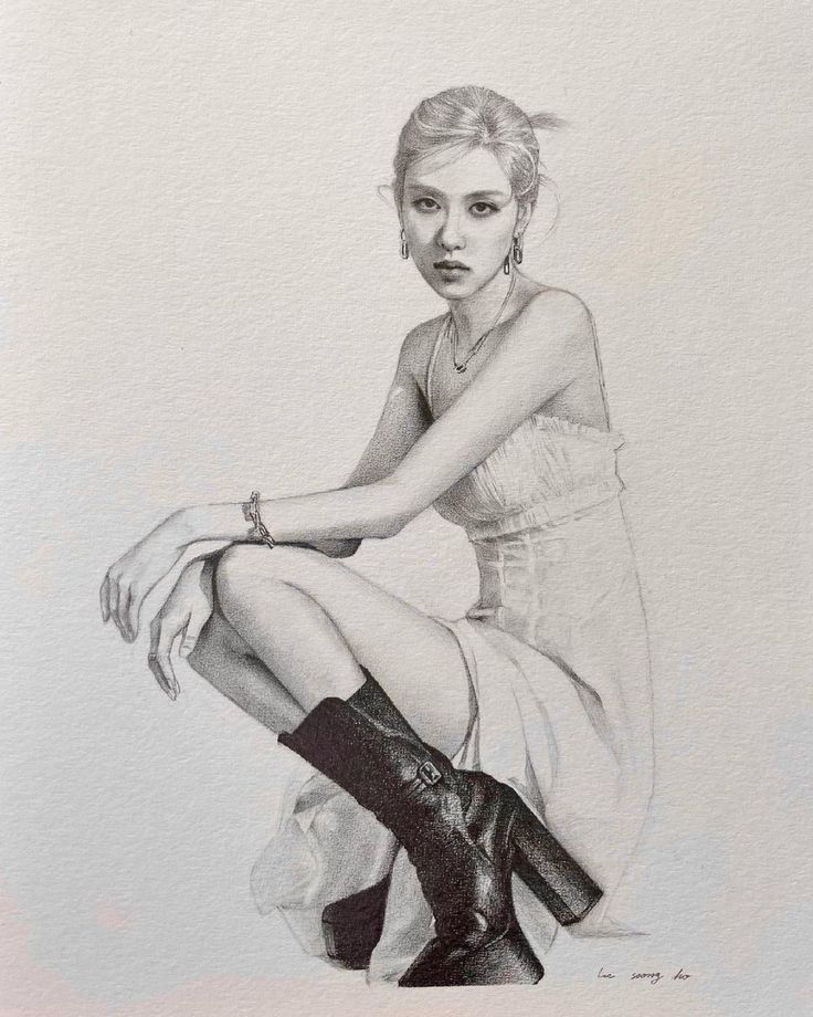 Sketch of a seated woman in a dress and boots, exuding elegance and style.