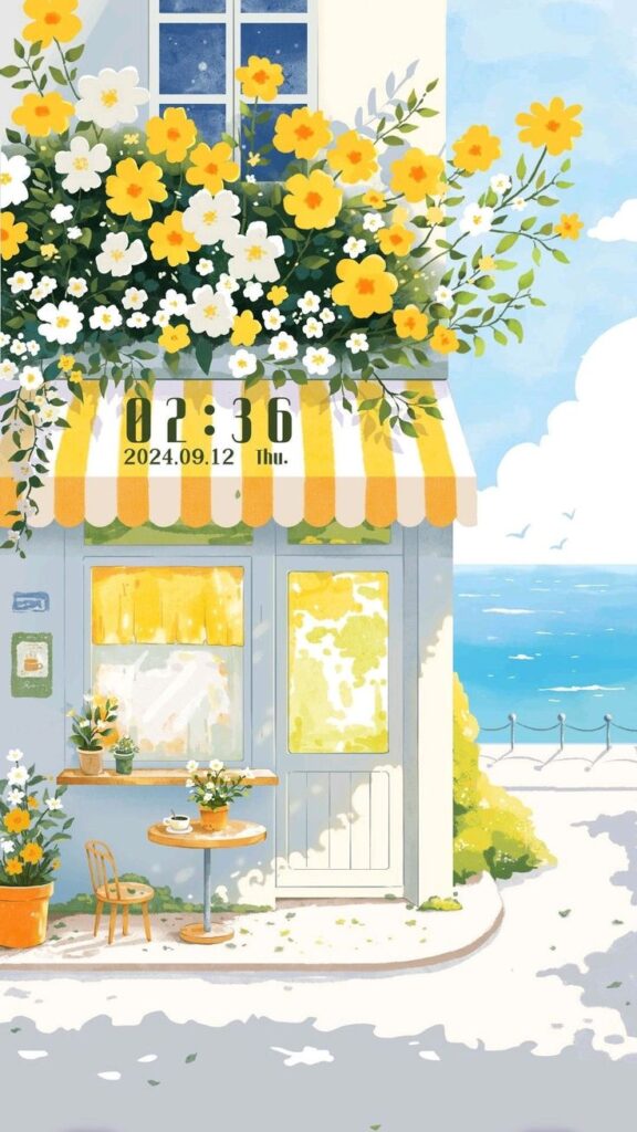 Charming seaside cafe with yellow flowers and striped awning under a blue sky; cozy outdoor seating.