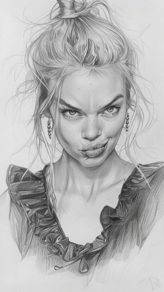 Pencil sketch of a woman with an expressive face, topknot hairstyle, and ruffled collar, conveying a playful attitude.
