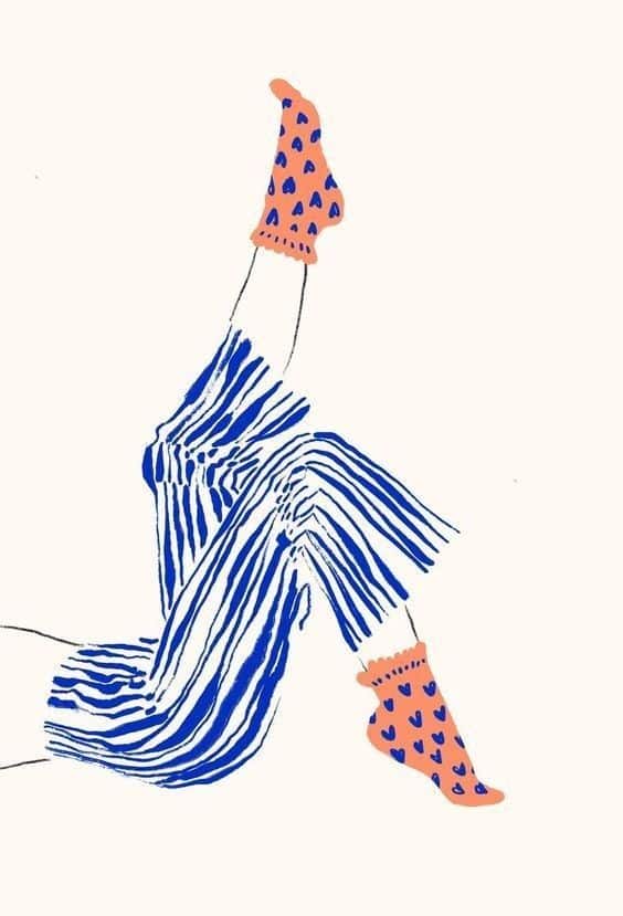 Illustration of legs in blue striped pants and orange socks with blue hearts, raised playfully against a white background.