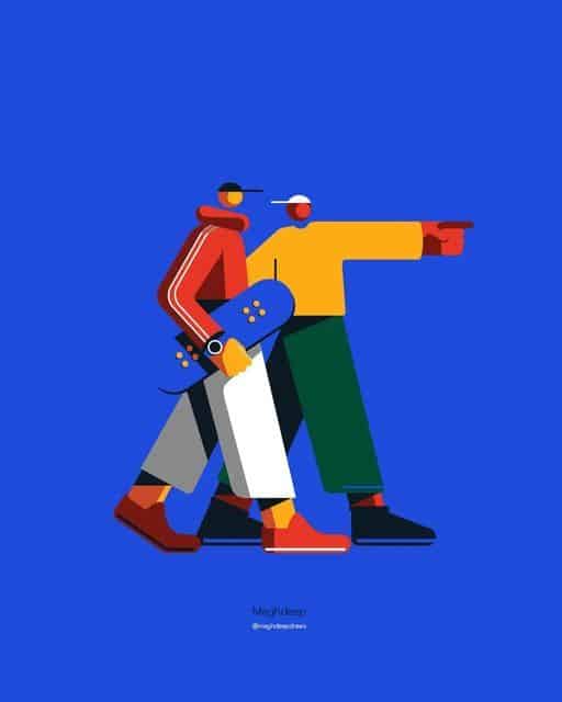Colorful abstract illustration of two figures with hats, one holding a skateboard, walking and pointing against a blue background.