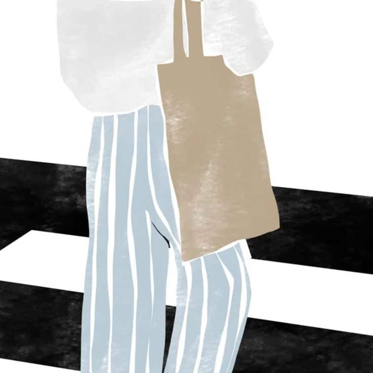 Illustration of a person holding a beige tote bag wearing striped pants, standing on a zebra crossing.