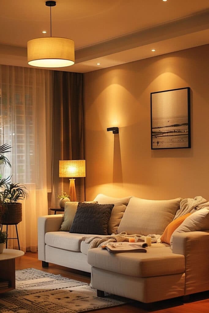 Cozy living room with soft lighting, beige sofa, and modern decor. Warm, inviting atmosphere for relaxation.