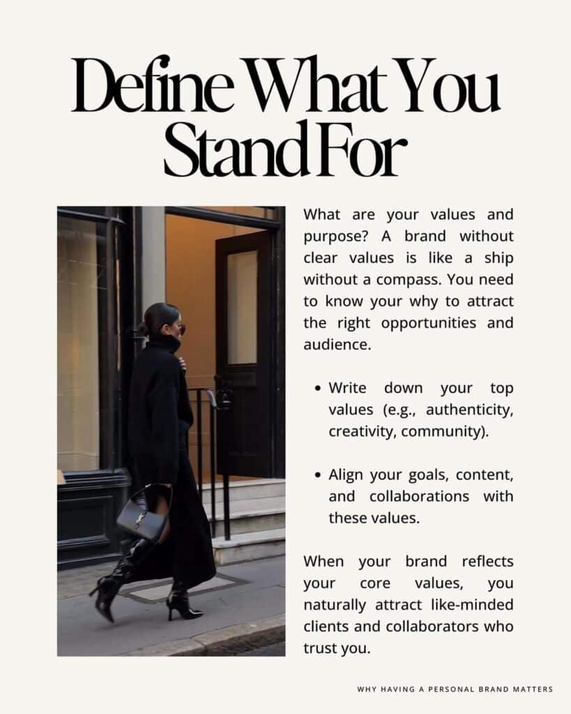 Stylish woman embodying brand values in urban setting; defining personal brand purpose and audience alignment.