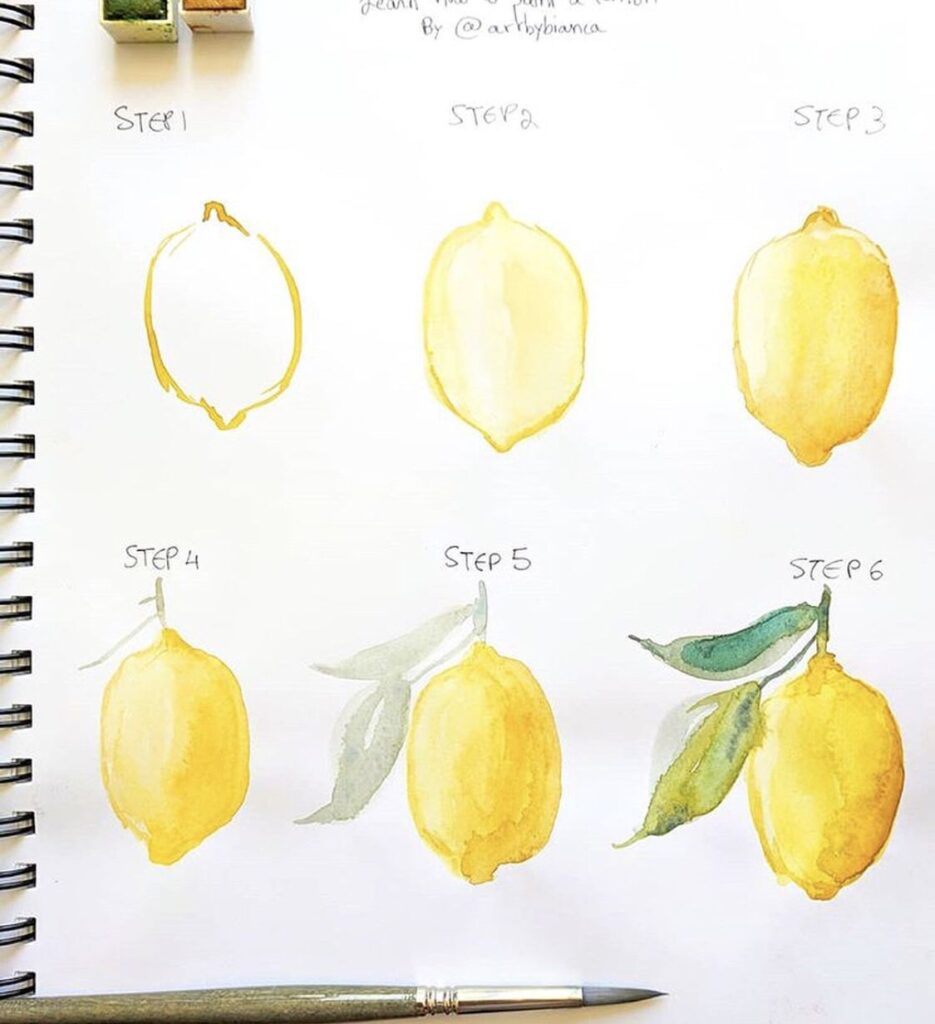 Step-by-step watercolor lemon painting tutorial with stages from outline to detailed fruit and leaves.