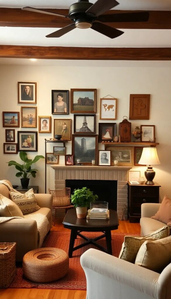 Cozy living room with gallery wall art, plant, and ceiling fan, perfect for relaxing and gathering with friends.