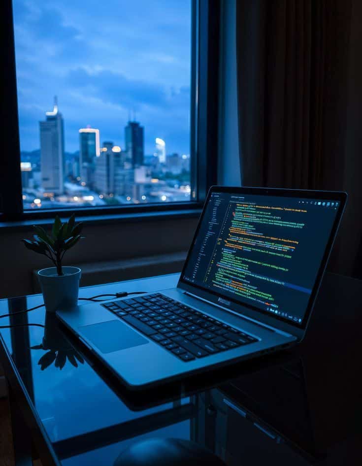 2a40f110-b7ef-414e-b170-cf8fb3cbff11 Laptop displaying code on desk with cityscape view at night through window. | Sky Rye Design Laptop displaying code on desk with cityscape view at night through window.