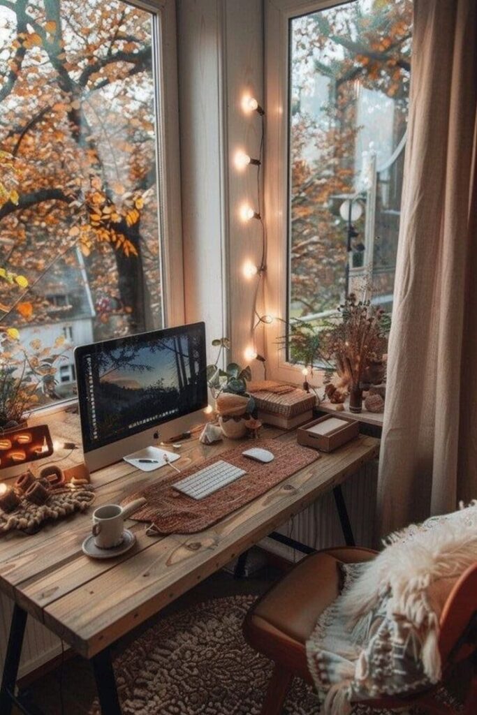 Cozy home office with an autumn view, decorated with fairy lights and a wooden desk setup.