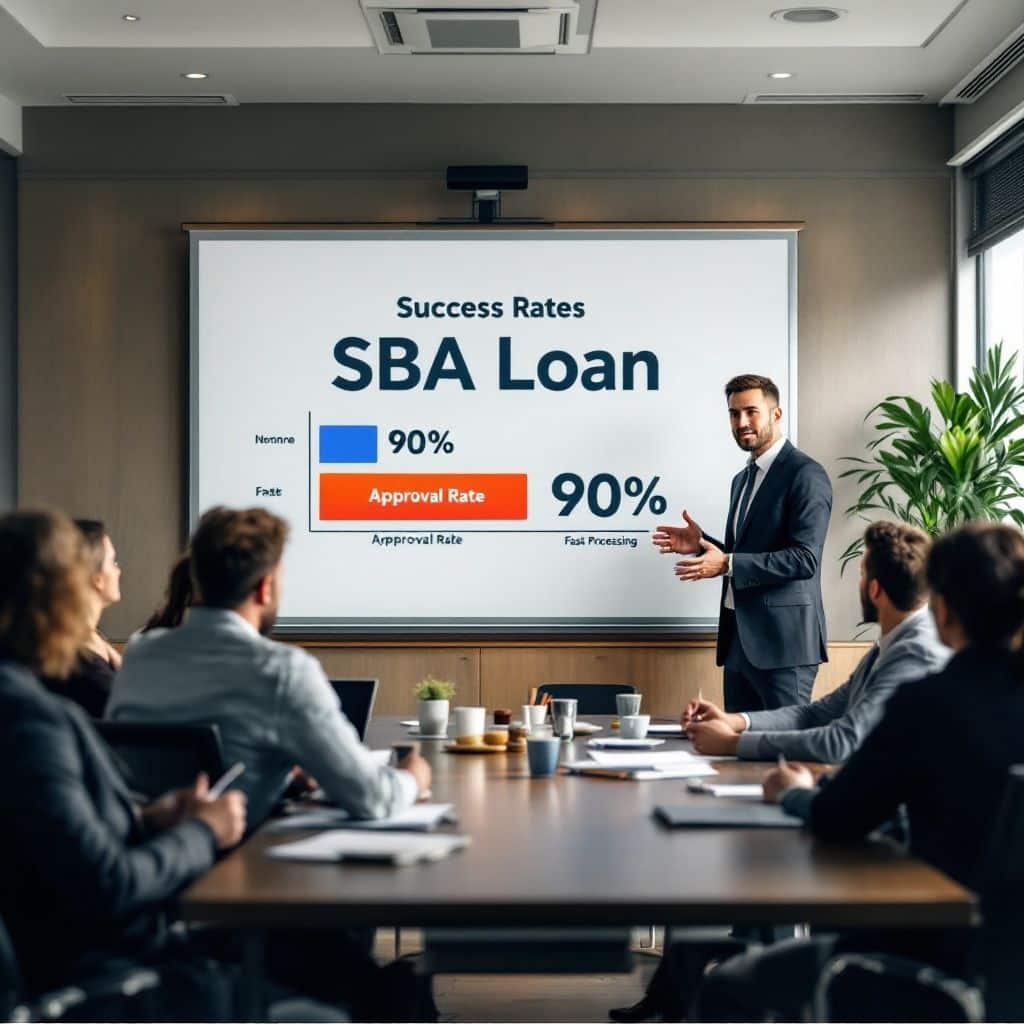 Business meeting presentation on SBA loan success rates with 90% approval rate.