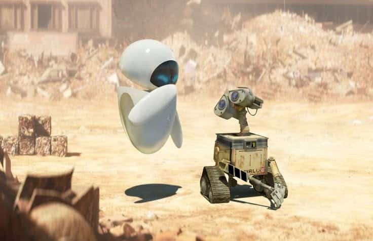 Two animated robots interact in a post-apocalyptic landscape filled with debris and ruins.