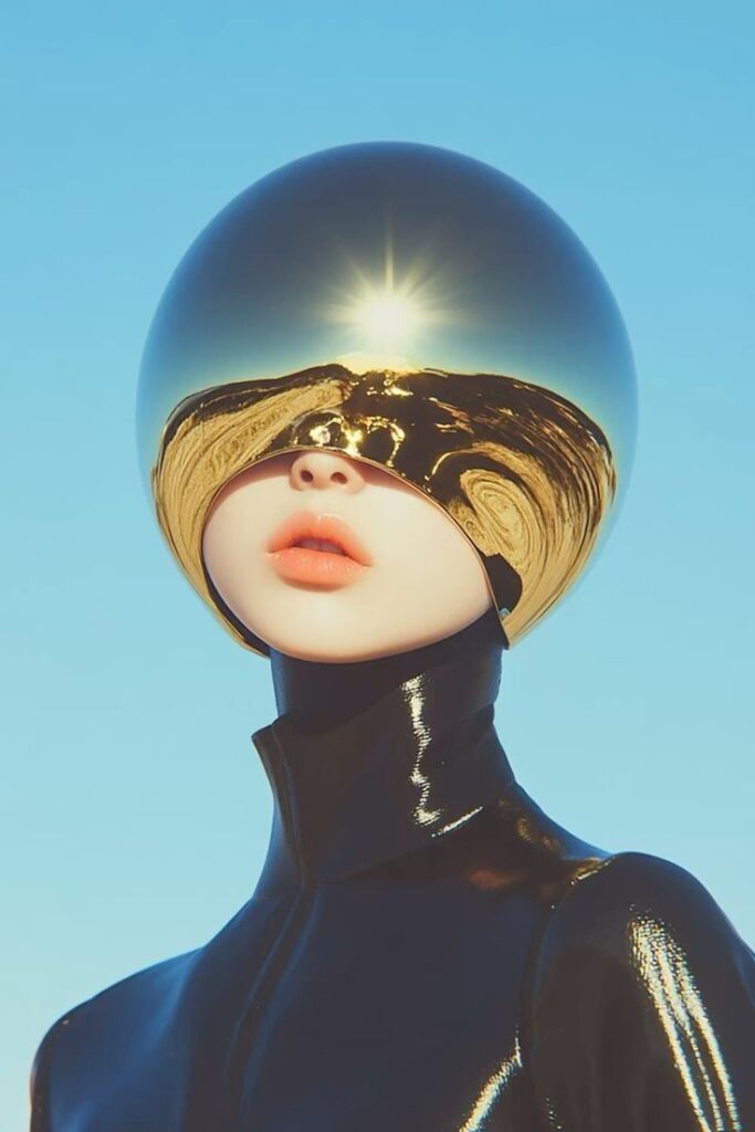 Futuristic figure wearing a reflective gold helmet against a clear blue sky, blending art and technology aesthetics.