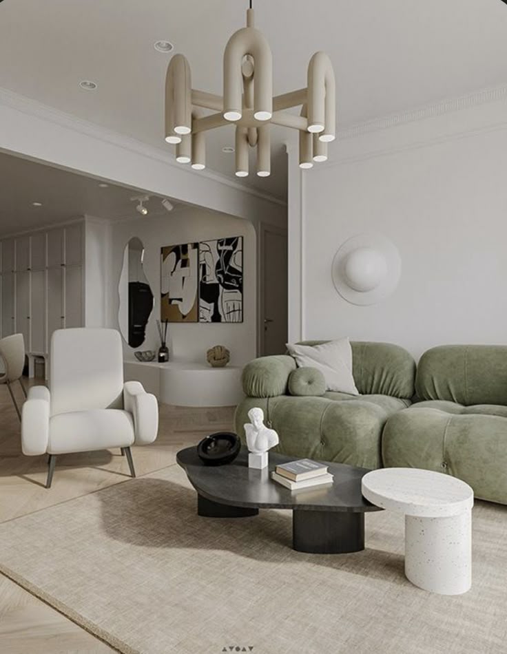 Modern living room with green sofa, abstract art, unique chandelier, and stylish coffee table. Cozy and contemporary design.