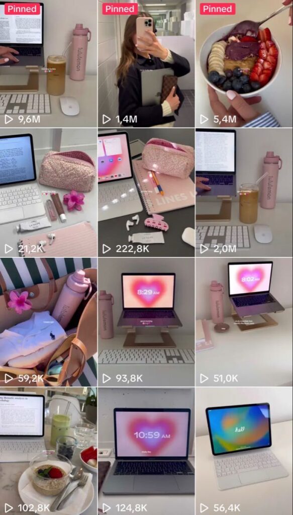 Collage of aesthetic workspaces and snacks with pink Lululemon bottles and laptops, emphasizing productivity.