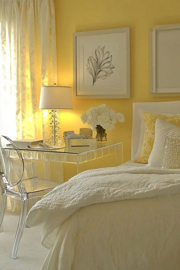 Bright yellow bedroom with a glass desk, white bedding, sheer curtains, and elegant wall art.