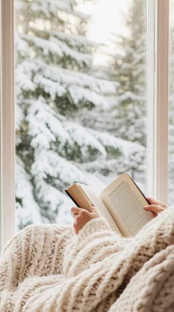 Cozy scene: person reading a book by a window with snowy pine trees outside, wrapped in a soft knit blanket.