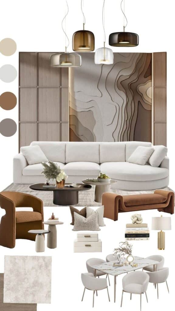 Modern living room interior design with neutral tones, cozy sofas, stylish lighting, and elegant dining set.