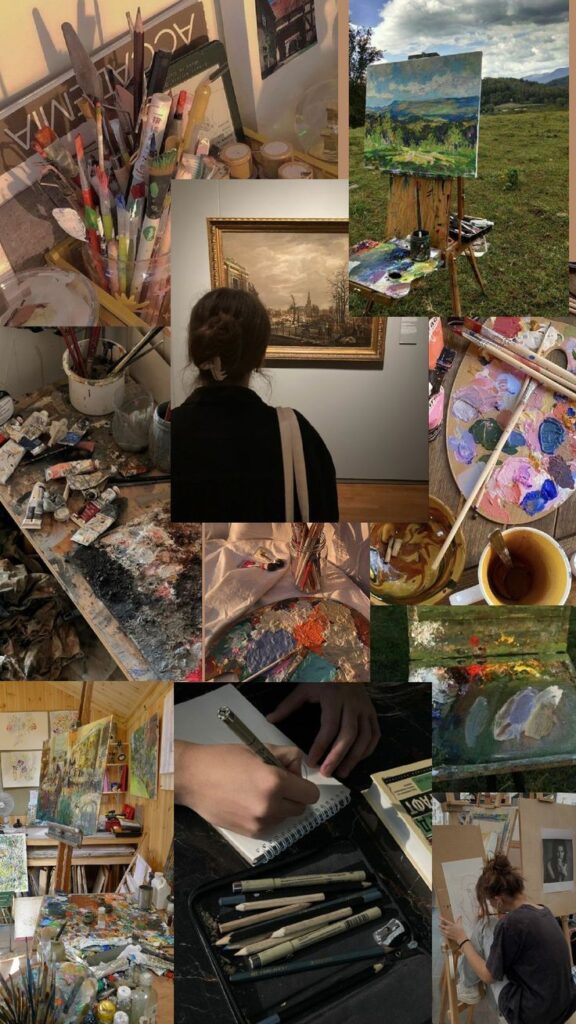 Collage of art supplies, paintings, and an artist sketching. Creative studio environment and outdoor painting scene.