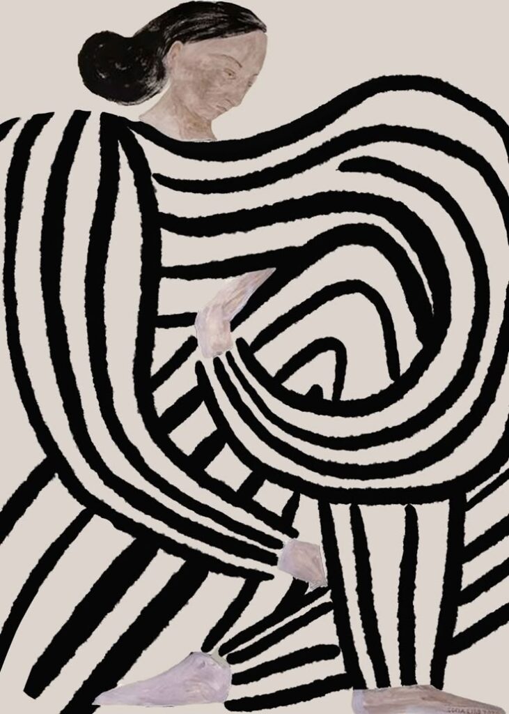 Abstract figure with black and white stripes, curving patterns, and neutral tones, creating a modern artistic design.