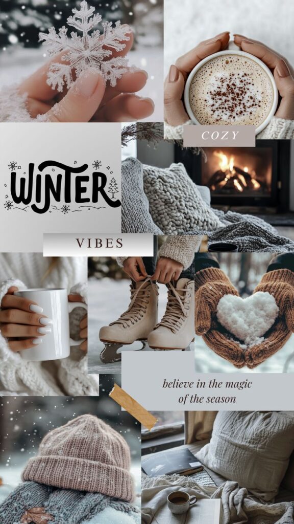 Winter vibes collage with cozy blankets, snowflake, coffee, and ice skates, capturing the essence of the season.