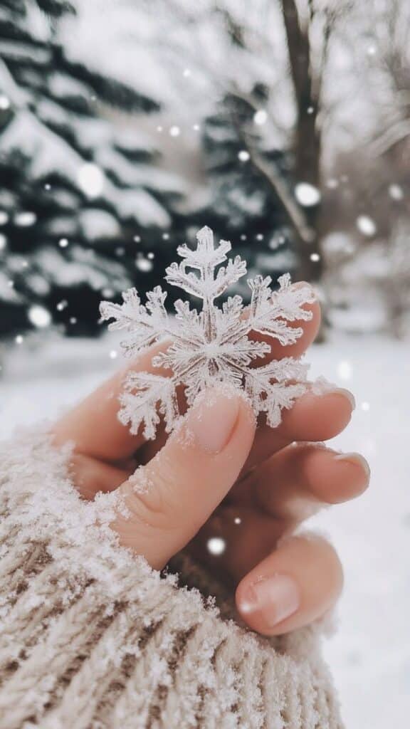 Close-up of a hand holding a delicate snowflake with a snowy background, capturing the beauty of winter.
