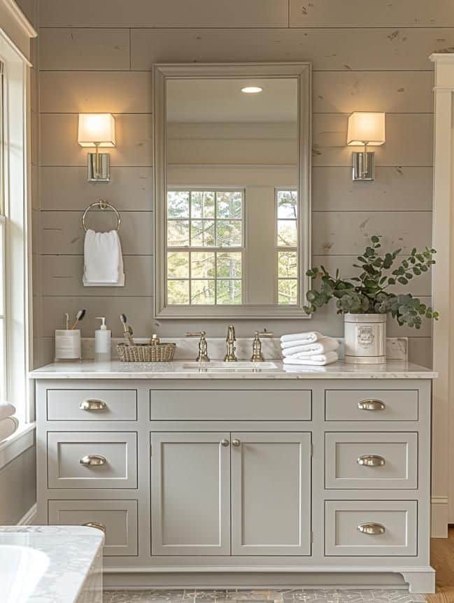 Elegant bathroom vanity with mirror, twin lights, and stylish decor, featuring a plant and neatly stacked towels.