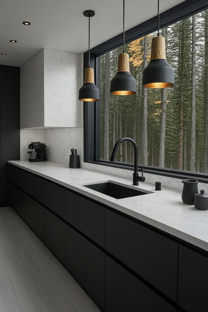 Modern kitchen with sleek black cabinets, marble countertops, and large forest-view window for a stylish, natural vibe.
