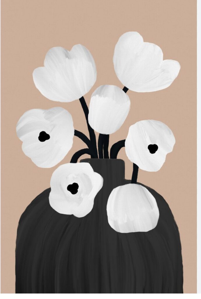 Illustration of white flowers in a black vase on beige background, minimalist floral art.