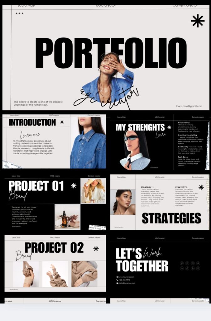 UGC creator portfolio featuring projects, strategies, strengths, and introduction. Let's collaborate creatively.
