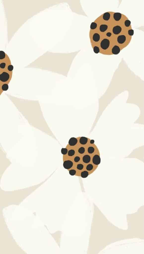 Illustrated white flowers with brown centers and black dots on a beige background, minimalist floral pattern.