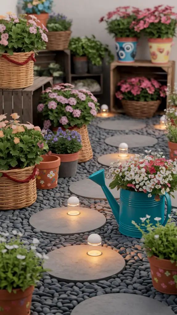 Colorful potted plants and lanterns decorate a stone garden path, creating a cozy and inviting outdoor space.