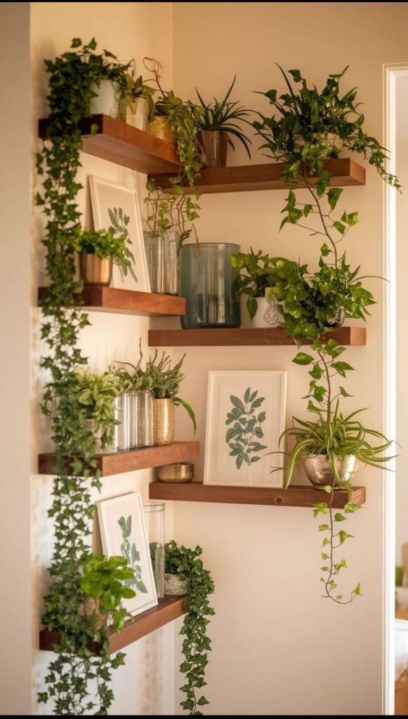 Indoor plants and framed botanical prints on wooden shelves, enhancing home decor with lush greenery.