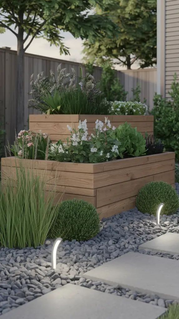 34 Cheap Backyard Ideas_ Budget-Friendly Ways to Upgrade Your Outdoor Space Modern garden with tiered wooden planters, lush greenery, and pathway lights creating a serene outdoor ambiance. | Sky Rye Design Modern garden with tiered wooden planters, lush greenery, and pathway lights creating a serene outdoor ambiance.