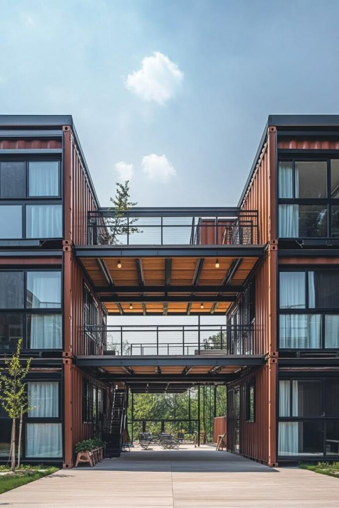 Modern container building with large windows and walkways under a clear blue sky.