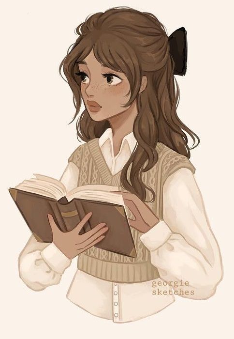 Illustration of a girl with long hair, wearing a sweater vest, reading a book attentively.