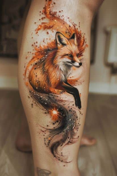 Colorful fox tattoo design with vibrant orange and black details on leg.