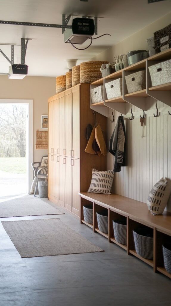 Organized garage with wooden storage, baskets, hooks, and seating bench. Bright natural light through open door.
