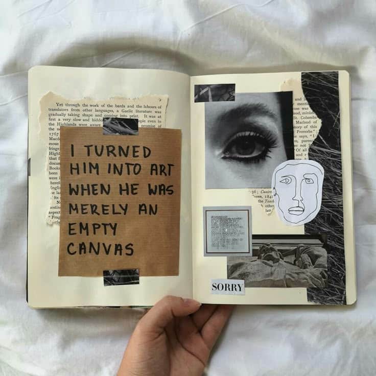 Art journal collage featuring an eye, abstract face, handwritten text, and various paper elements.