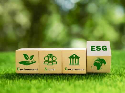 ESG concept with cubes on grass, highlighting Environment, Social, and Governance aspects, nature background.