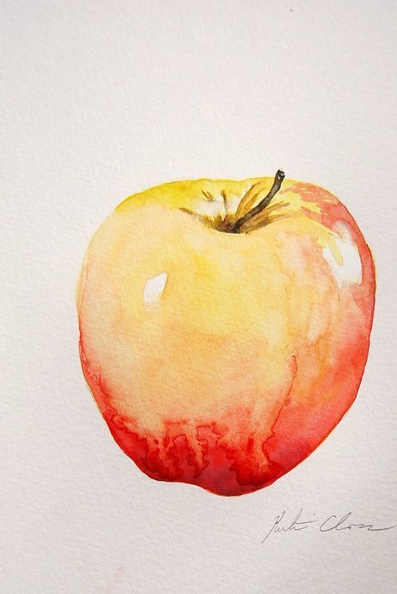 Watercolor painting of a red and yellow apple on a white background.