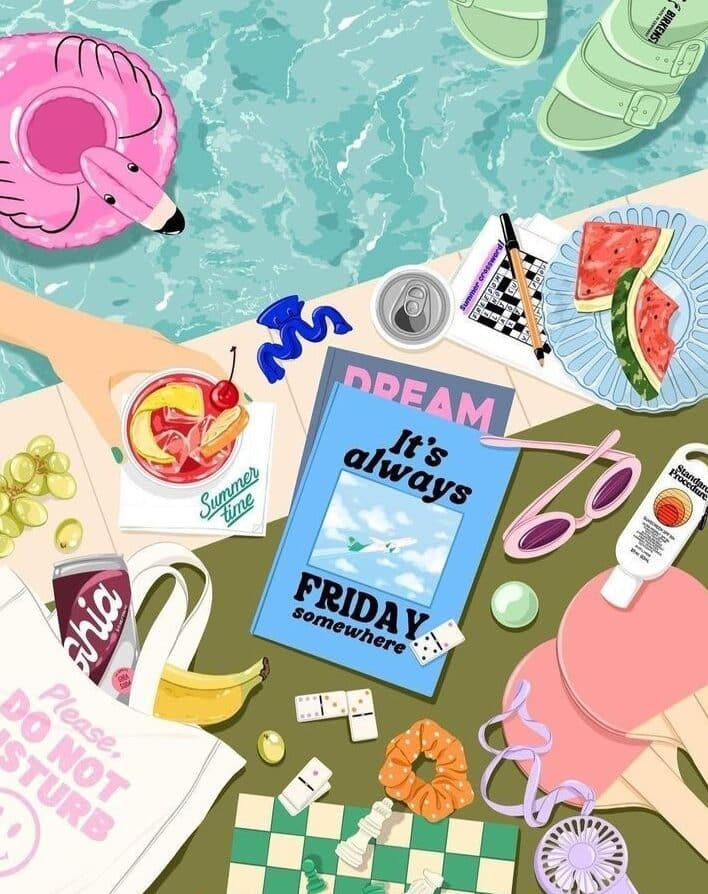 Summer poolside essentials: watermelon, drink, sandals, book, sunscreen, sunglasses, and a flamingo float.