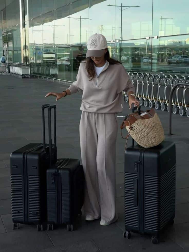 Traveler at airport with three black suitcases and a straw tote bag, wearing casual beige outfit and cap.