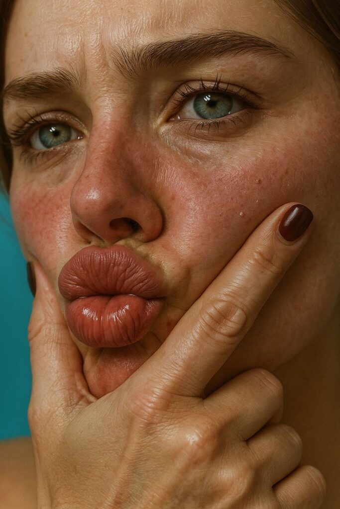 Close-up of a person with pouting lips and thoughtful expression, touching face with blue background.