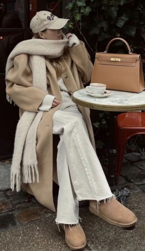 Cozy winter fashion: Woman in beige coat, scarf, sipping coffee at outdoor café, with luxury bag on table.