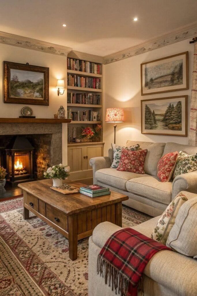 Cozy living room with a fireplace, bookshelves, and plush sofas adorned with floral cushions and a warm blanket.