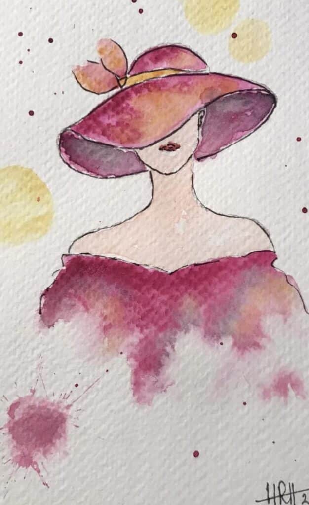 Watercolor painting of a woman in a pink hat and dress, face obscured, with abstract yellow and pink background splashes.