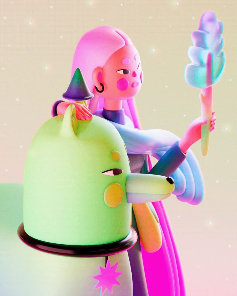 Colorful fantasy character holding a pastel swirl staff beside a whimsical creature, set against a dreamy background.