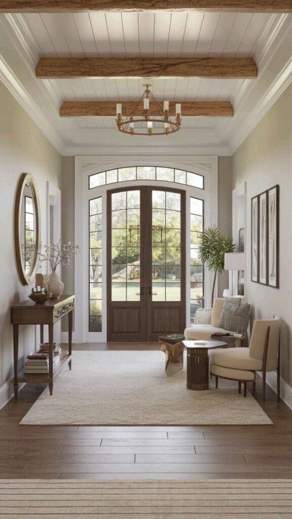 Elegant foyer with wooden beams, chandelier, large glass doors, and stylish seating area for a welcoming entrance.